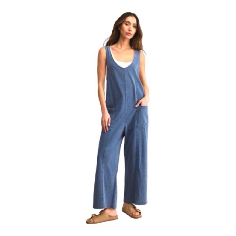 Nasty Gal Blue Jean Denim Sleeveless Jumpsuit Ruffle Back Size 12 Pockets